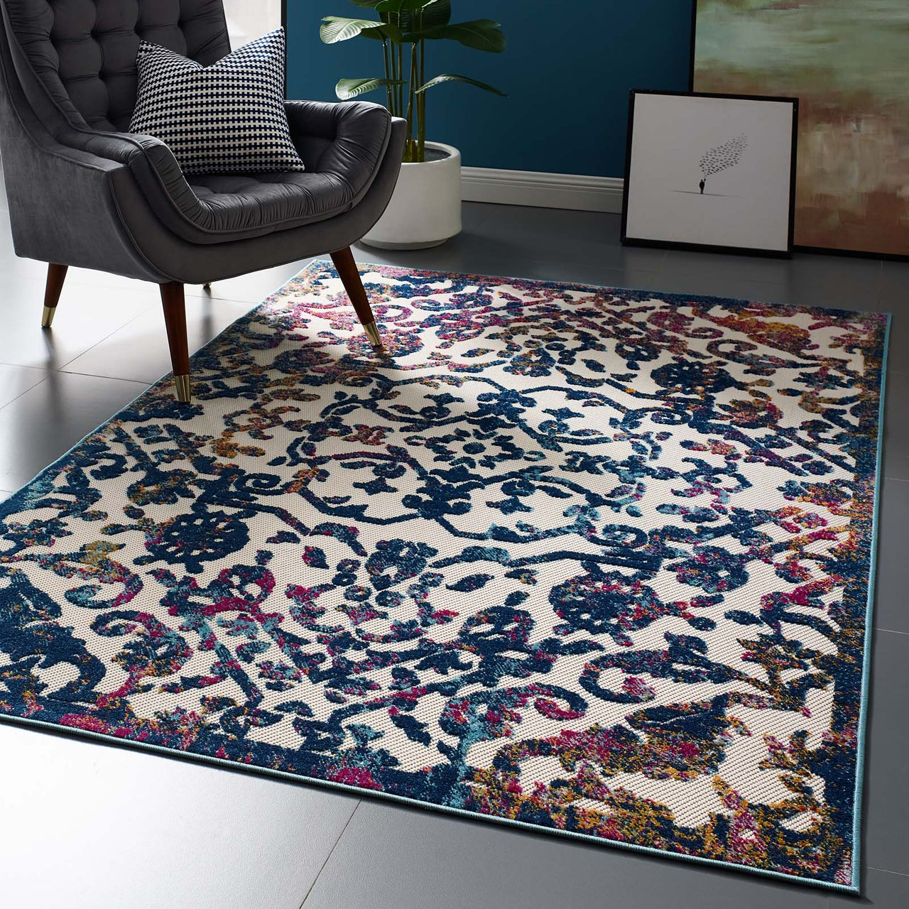 Mirror Bonds 5x8 Indoor|Outdoor Area Rug, Ivory & Dark Blue
