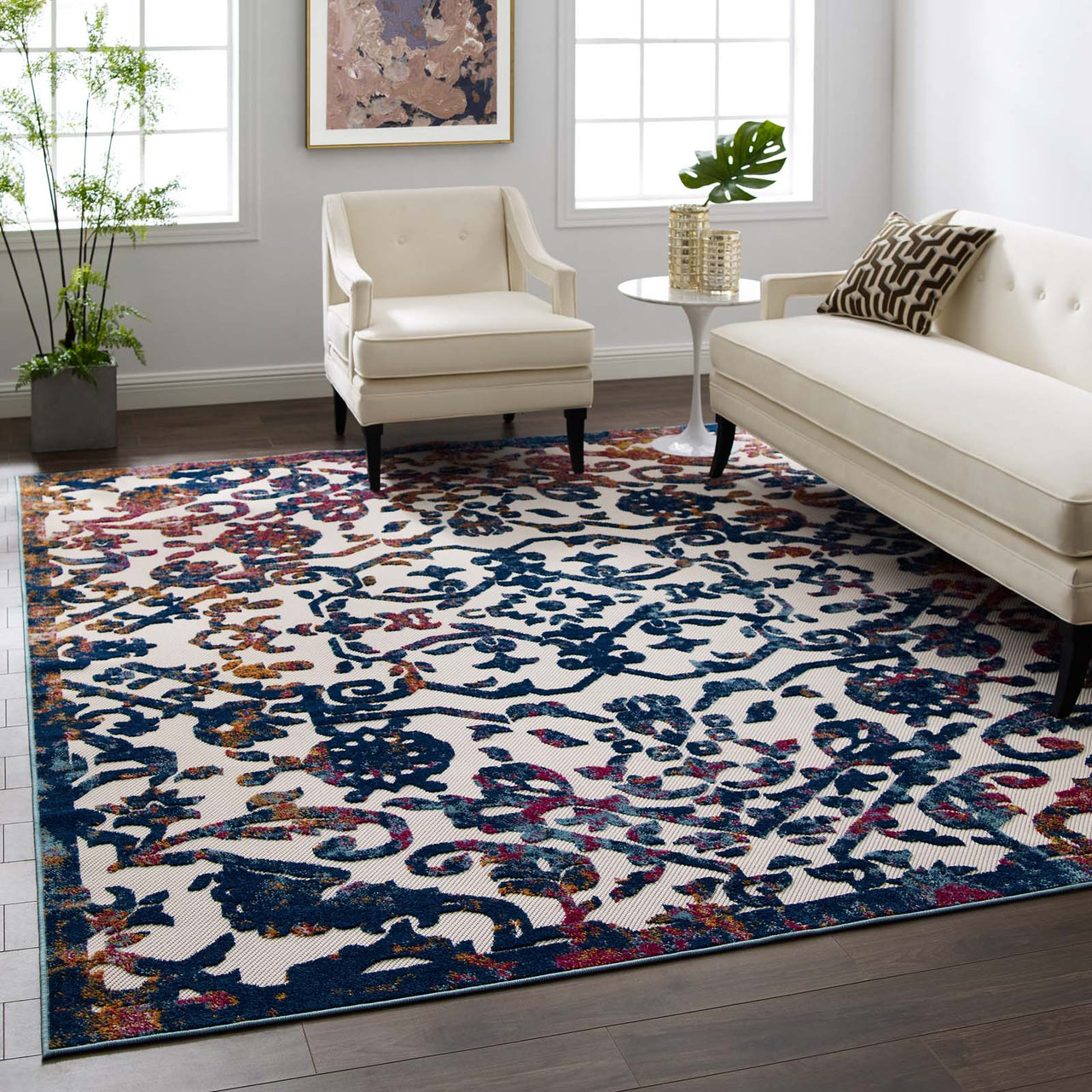 Mirror Bonds 8x10 Indoor|Outdoor Area Rug, Ivory & Dark Blue
