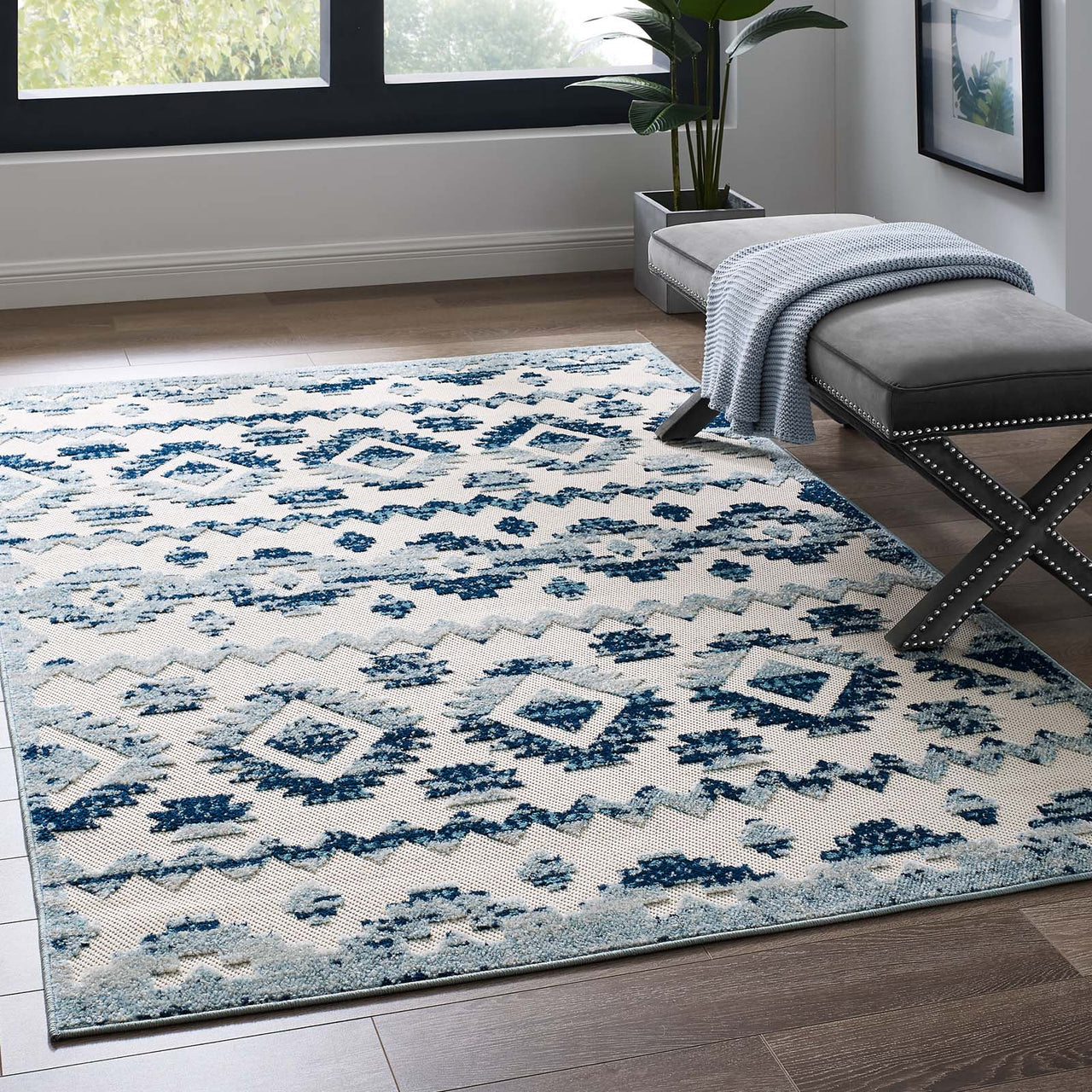 Mirror Opinions 5x8 Indoor | Outdoor Area Rug, Ivory & Blue