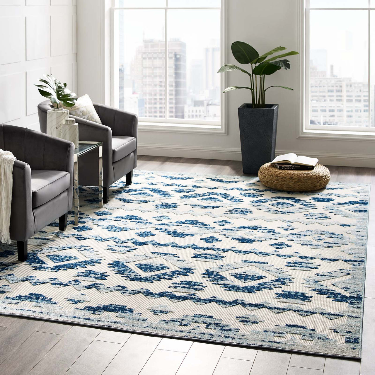 Mirror Opinions 8x10 Indoor | Outdoor Area Rug, Ivory & Blue
