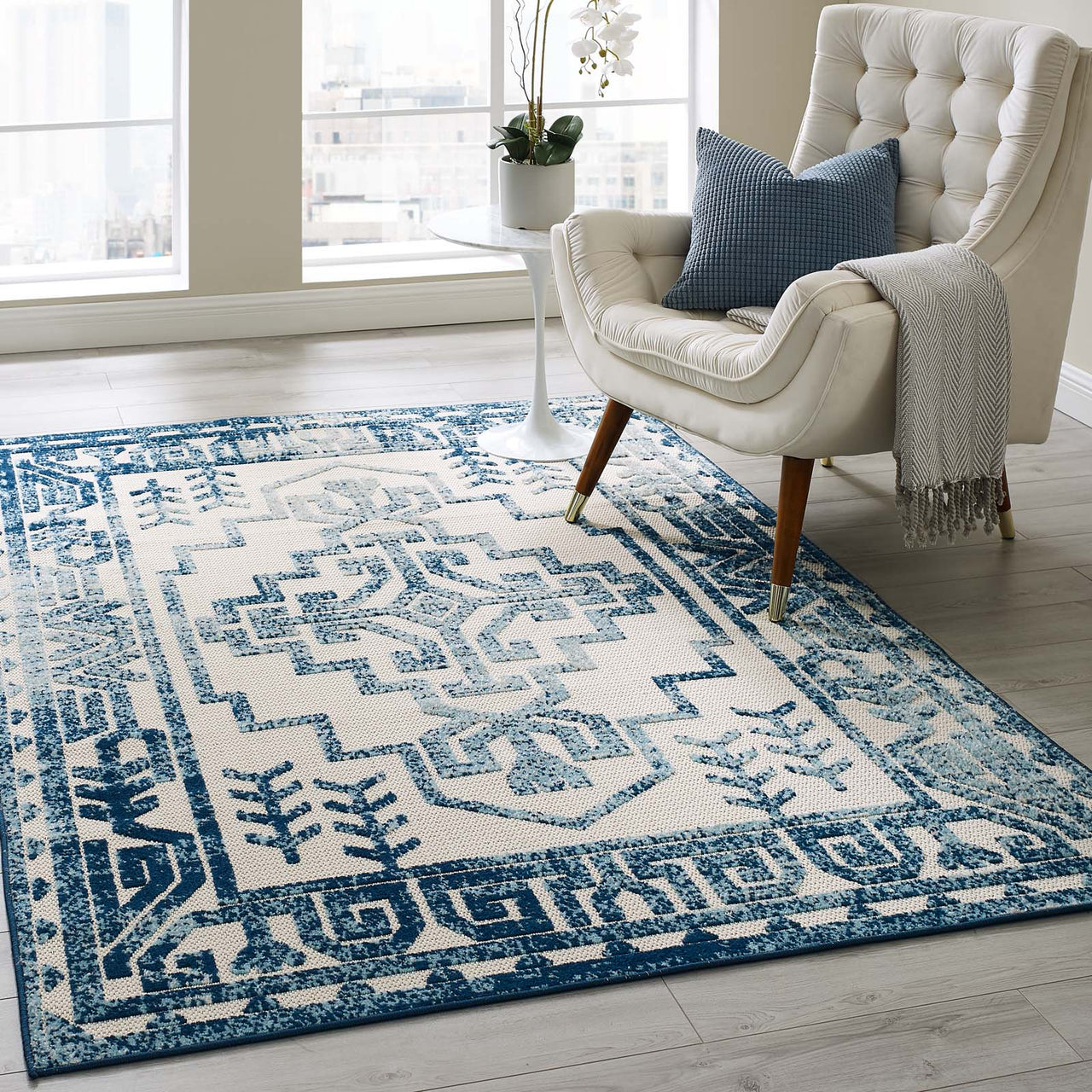 Mirror Protocol 5x8 Indoor|Outdoor Area Rug, Ivory & Blue