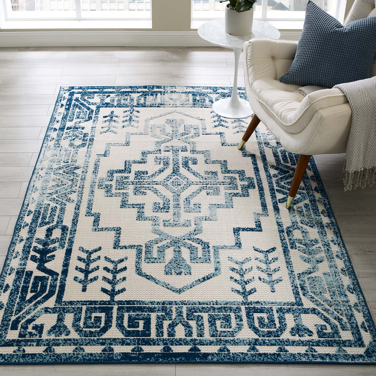 Mirror Protocol 5x8 Indoor|Outdoor Area Rug, Ivory & Blue