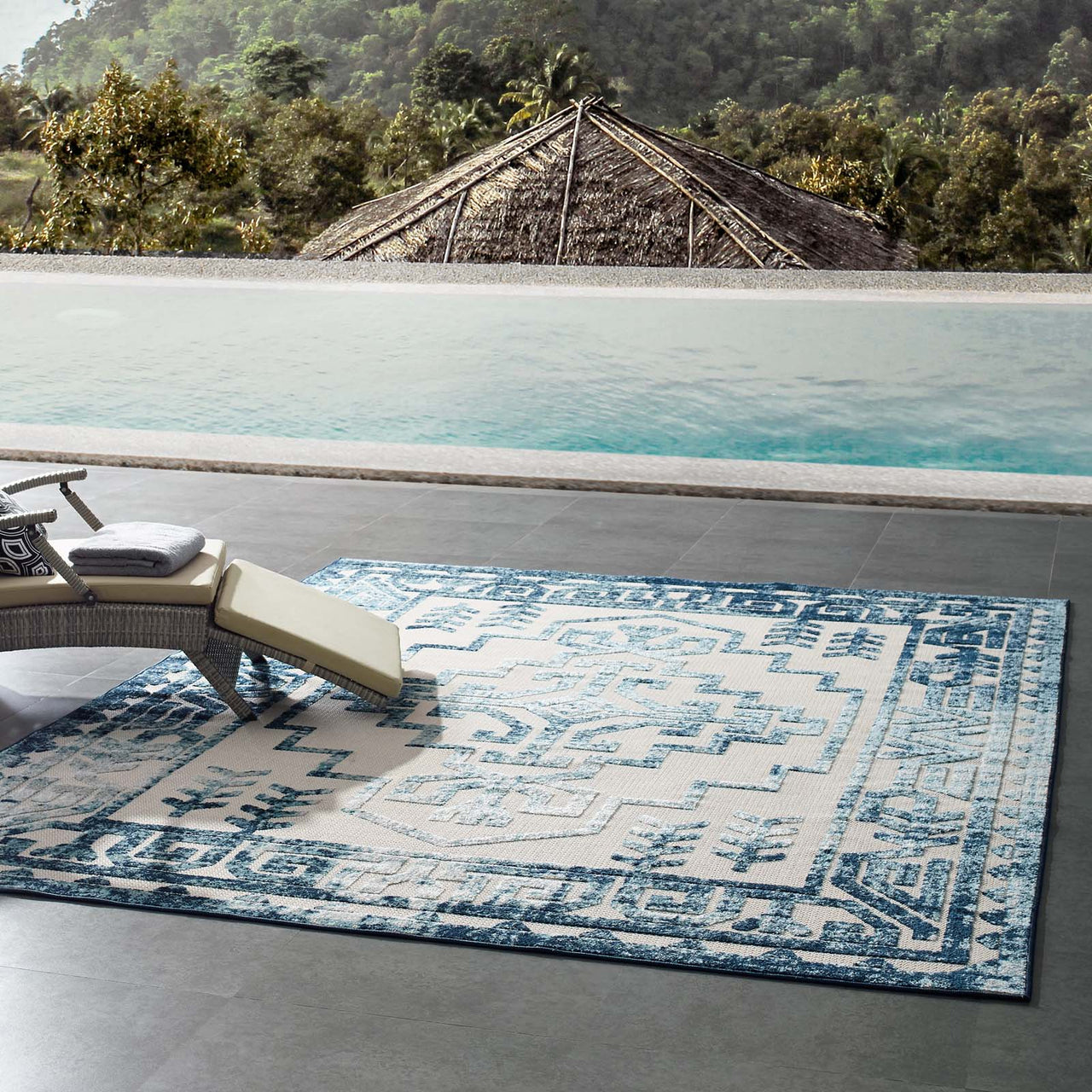 Mirror Protocol 8x10 Indoor|Outdoor Area Rug, Ivory & Blue