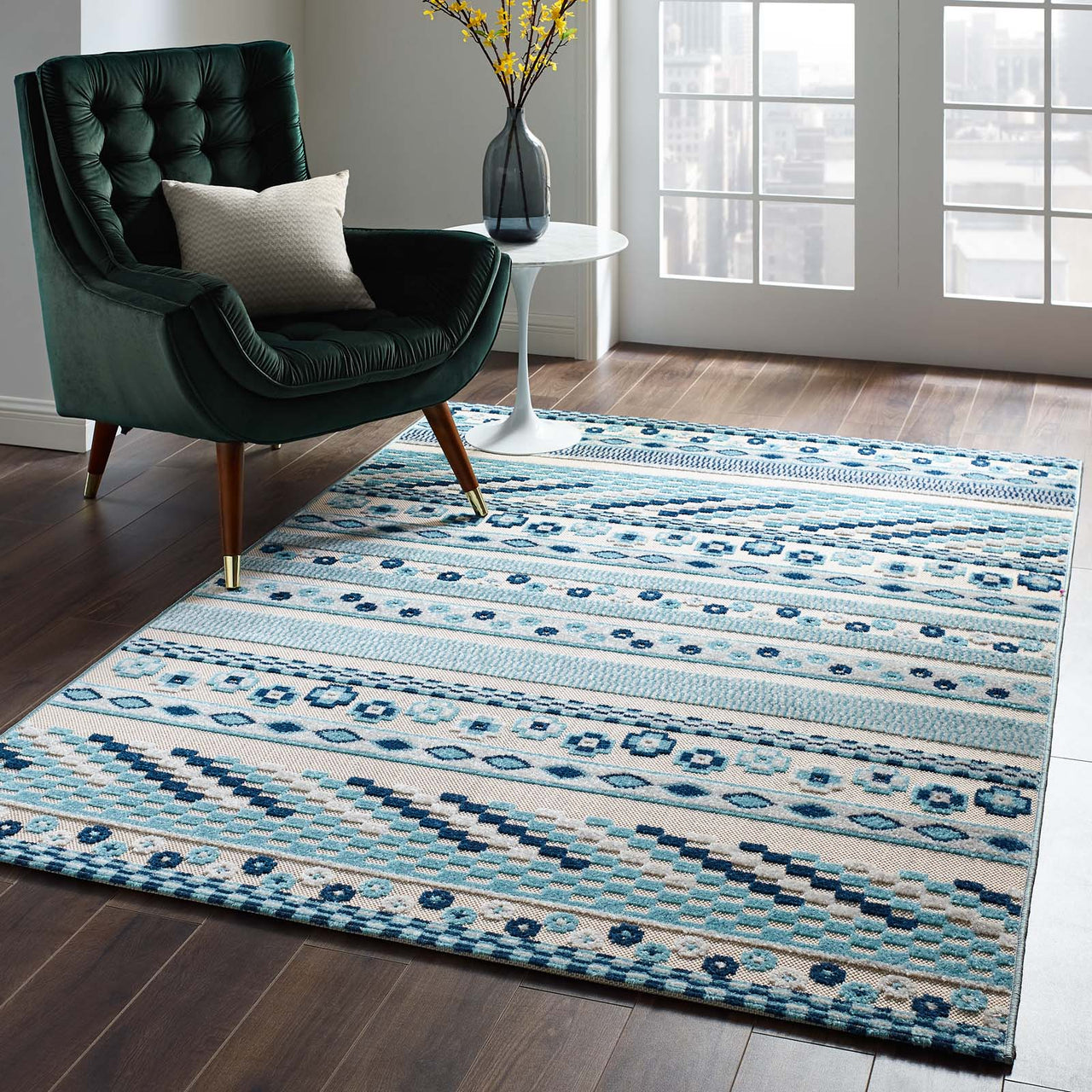 Mirror Emotions 5x8 Indoor | Outdoor Area Rug, Ivory & Blue