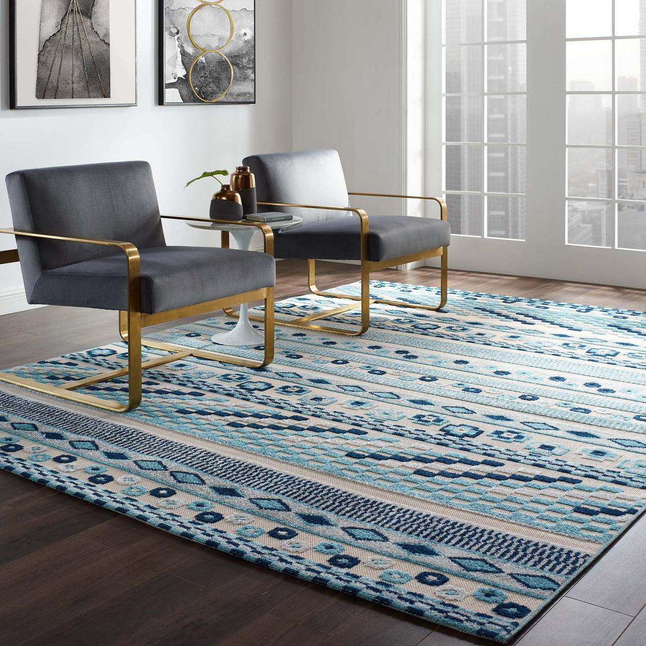 Mirror Emotions 8x10 Indoor | Outdoor Area Rug, Ivory & Blue