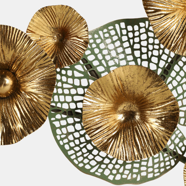 Pierced Lilypad Blossoms Metal Wall Art, Gold & Moss