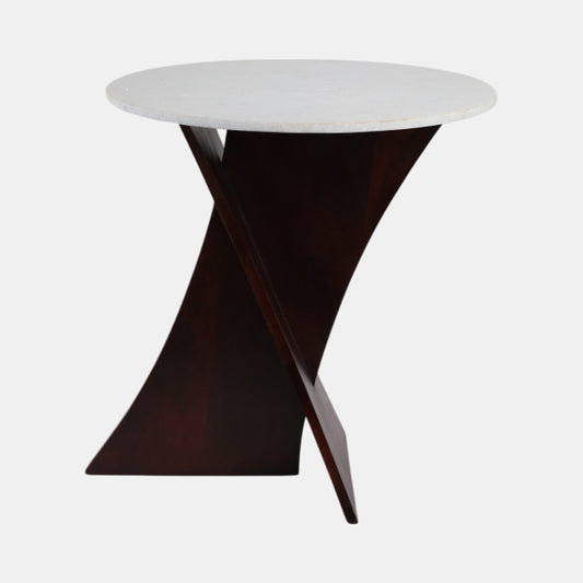 Criss Cross End Table, Espresso Acacia Wood w/ White Marble