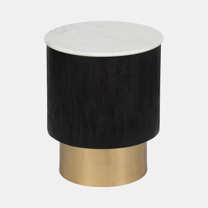 Drum Pedestal End Table, Black w/ White Marble and Golden Base