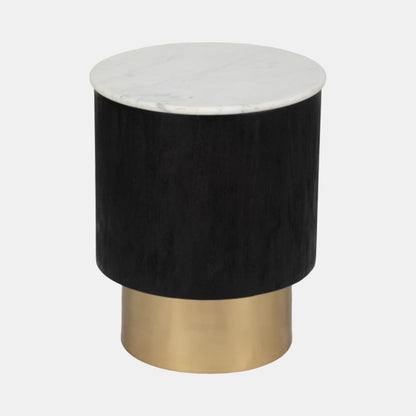 Drum Pedestal End Table, Black w/ White Marble and Golden Base
