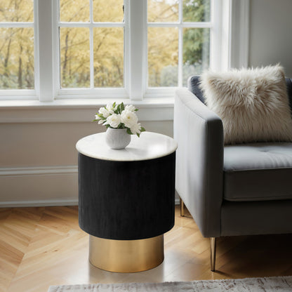 Drum Pedestal End Table, Black w/ White Marble and Golden Base