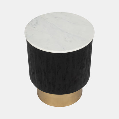 Drum Pedestal End Table, Black w/ White Marble and Golden Base