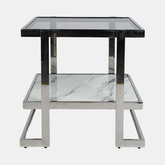 Geometric End Table, Stainless Steel w/ White Marble and Glass