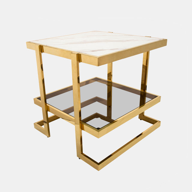 Geometric End Table, Golden Stainless Steel w/ White Marble and Glass