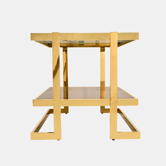 Geometric End Table, Golden Stainless Steel w/ White Marble and Glass