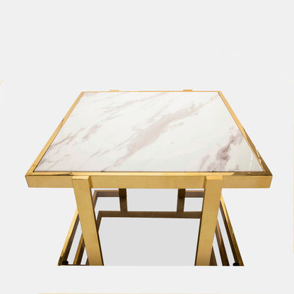 Geometric End Table, Golden Stainless Steel w/ White Marble and Glass