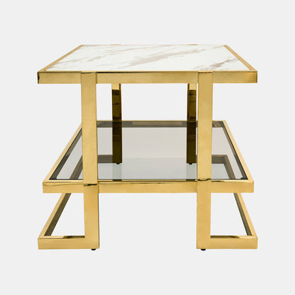 Geometric End Table, Golden Stainless Steel w/ White Marble and Glass