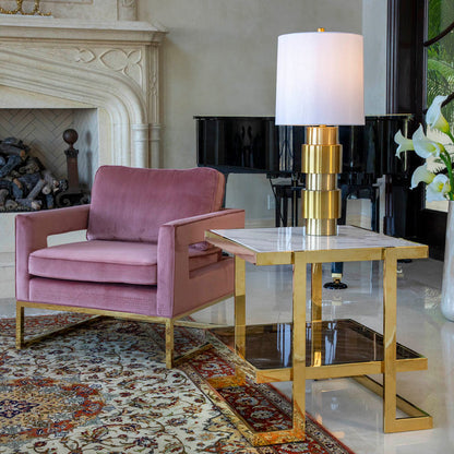 Geometric End Table, Golden Stainless Steel w/ White Marble and Glass
