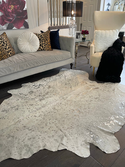 Authentic Leather Hides, Cowhide Area Rug, White & Metallic Silver