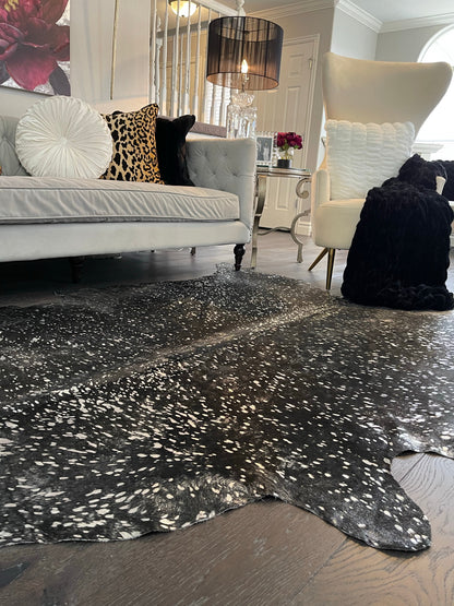 Authentic Leather Hides, Cowhide Area Rug, Black & Metallic Silver